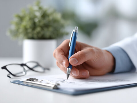 A doctors hand writing on a clipboard. Perfect for healthcare, medical records, prescription, or consultation themes. Emphasizes precision, care, and professionalism.