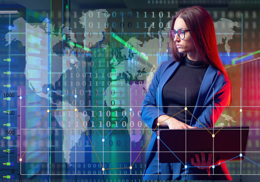 Businesswoman with laptop in data center analyzes global digital data, with charts, binary code, and world map overlay — Data analysis, technology, cybersecurity.