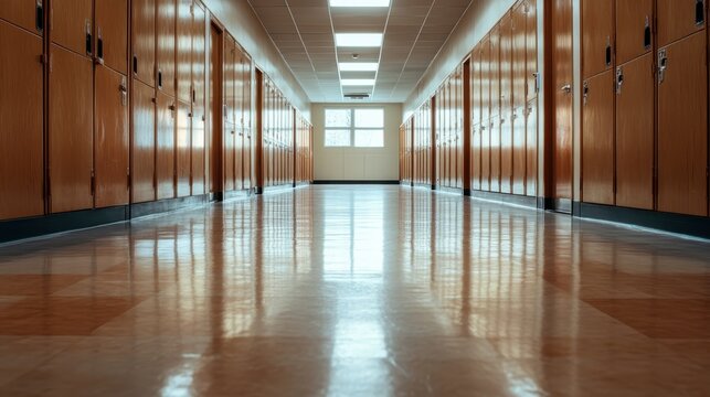 A well-maintained school hallway featuring rows of wooden lockers, designed to evoke nostalgia and memories of school life, fostering a sense of education and growth.