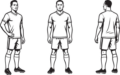 Male soccer player vector characters standing front and back poses, uniform designs for football branding, team formation graphics, coaching training kits, sports apparel print