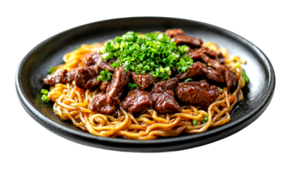 Delicious beef noodles with green onions restaurant food studio culinary art isolated on transparent background