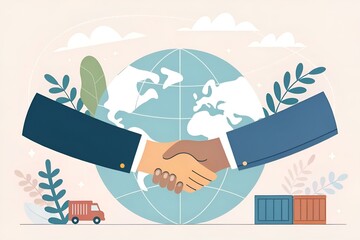 Uścisk dłoni na tle globu jako symbol współpracy międzynarodowej, partnerstwa i globalnego handlu