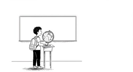 Fototapeta premium Curious boy studying a globe in a classroom setting with a blank chalkboard background, educational concept of schools, tutoring, or geography lessons