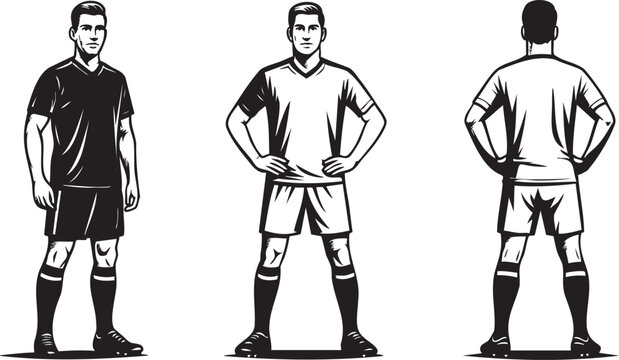 Football team players in different kit colors standing confidently for lineup poster, coaching visuals, branding materials, league promotion design and graphic artwork