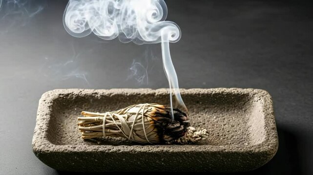 Sage bundle emits fragrant smoke in a textured stone dish, enhancing a serene ambiance and promoting relaxation