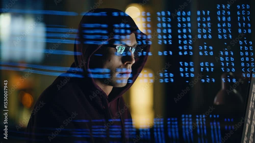 Wall mural code projection hacker breaking system at night room closeup. cyber attacker