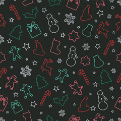 Christmas Outline Seamless Pattern. Christmas and New year Holiday Repeatable Pattern. Decorative Elements Texture for Wallpaper, Gift Wrapping paper, Card or Banner Template or Fabric Textile Prints.
