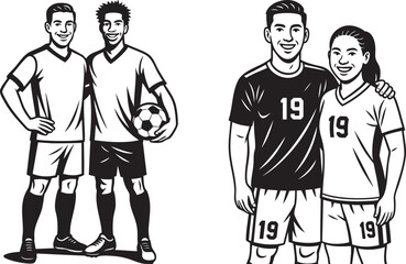 Soccer male and female team player group posing illustration for league branding, tournament promo, fan merchandise, training posters, coaching visual graphics
