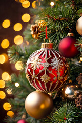 Festive Christmas composition with colorful ornaments, pine branches, and seasonal decor.