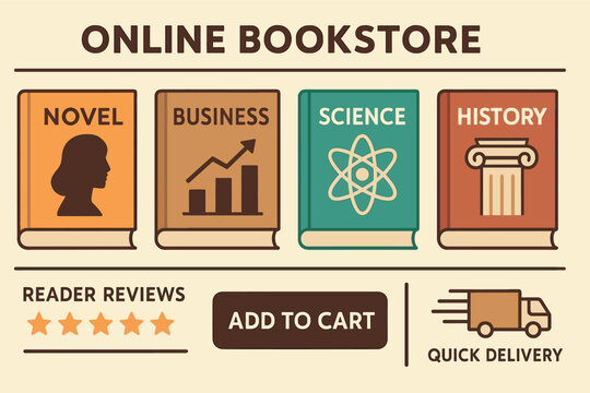 Virtual Bookshop Essentials. Online bookstore. Vector illustration of book covers, genres, reader reviews, cart button, and quick