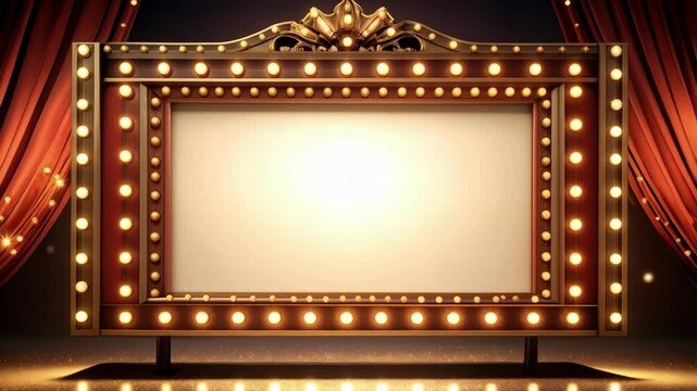 Vintage illuminated stage frame with blank board, curtains, and soft golden light, evoking showtime ambiance and theatrical feel.