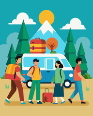 A group of friends go on a camping trip instead of booking a vacation involving air travel.. Vector illustration