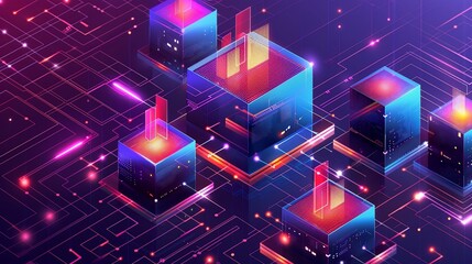 Digital network of glowing interconnected cubes