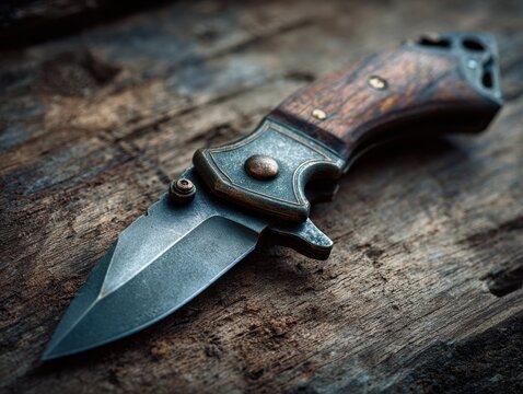 Close-up of a folding pocket knife on weathered wood.