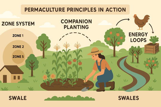 Permaculture Principles Illustrated. Vector illustration of permaculture principles in action with zone system, companion planting