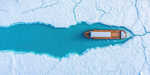 Cargo ship navigates through icy waters with surrounding ice floes. Cold and transportation