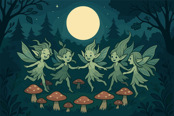 Dancing Forest Sprites. Vector illustration of forest sprites dancing in a ring of mushrooms under full moonlight