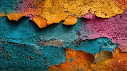 Vibrant, peeling paint on an aged exterior wall.