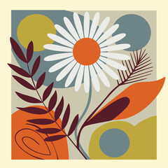 Abstract illustration with a daisy flower, leaves, and circular shapes in a flat vector style, using warm colors.