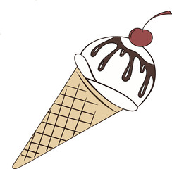 Appetizing Vanilla Ice Cream Cone with Chocolate Drizzle and Cherry Bright Diagonal Composition on Clean Background