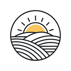 Sunrise Over Hills – Minimal Line Art Landscape Logo Vector

