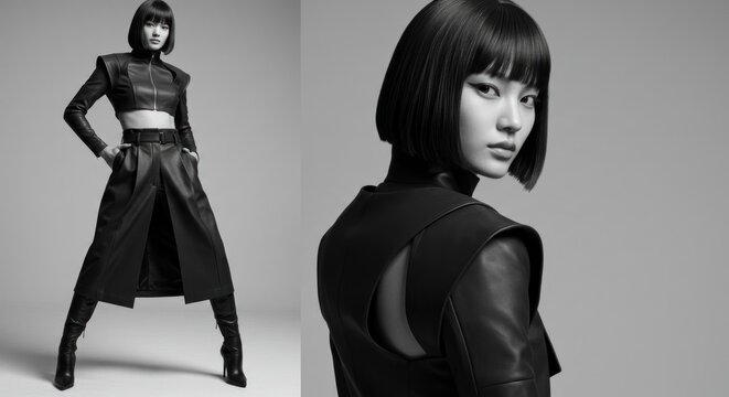 Stylish black leather fashion shoot.  Model in modern, edgy attire