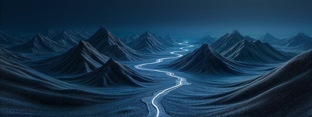 Glowing paths wind through dark, wavy mountains in a moody, hyperreal landscape of deep blues and blacks