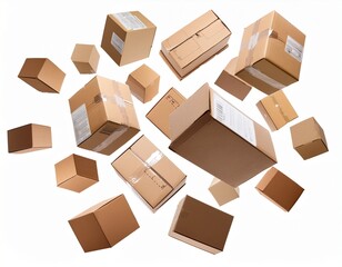 aerial warehouse action falling boxes isolated on white background