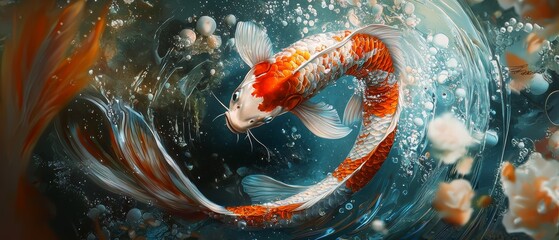 Koi Fish Leaping Over Dragon Gate in Vibrant Underwater Scene