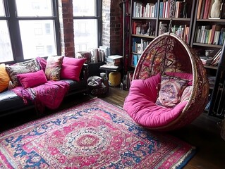 Eclectic living room featuring a blend of modern minimalism and rustic charm, with a statement vintage sofa, colorful throw rugs, and antique decor