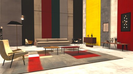 Eclectic living room combining vintage pieces with sleek modern decor, featuring a bold accent wall, plush seating, and artistic touches