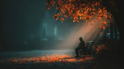 Autumnal park bench scene elderly man contemplating serene atmosphere golden hour light fal