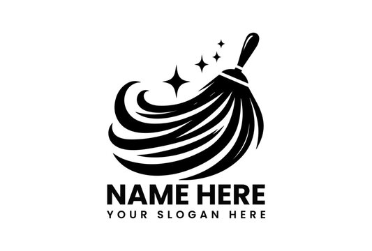 Dynamic black silhouette vector of broom sweeping with sparkling circular motion for professional cleaning service branding