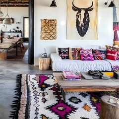 Eclectic living room featuring a blend of modern minimalism and rustic charm, with a statement vintage sofa, colorful throw rugs, and antique decor