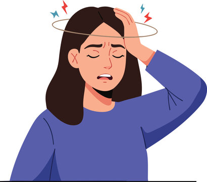 Woman experiencing headache and dizziness holding head with pain expression vector illustration 