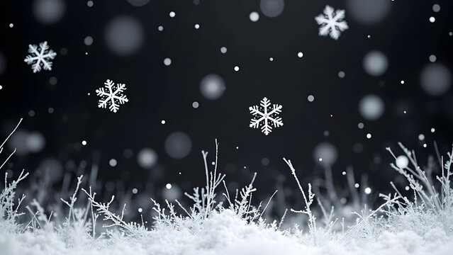 Snowflakes Floating Above a Frosty Black-and-White Background