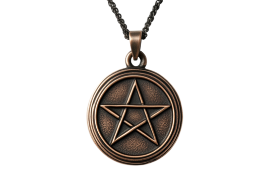Mystical bronze pentagram pendant jewelry display studio setting perspective isolated on transparent background