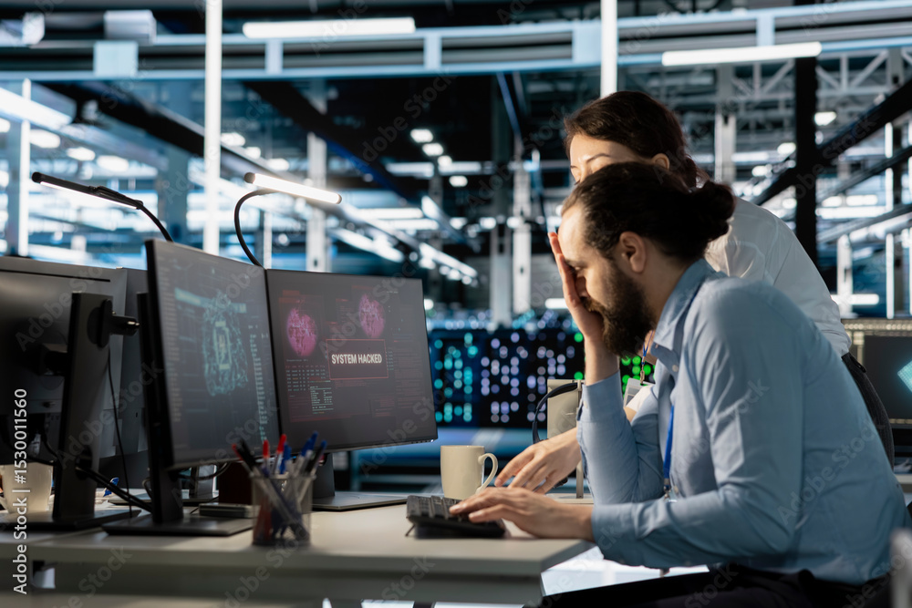 Poster server room colleagues cooperate to eliminate threats using artificial intelligence tools. data cent