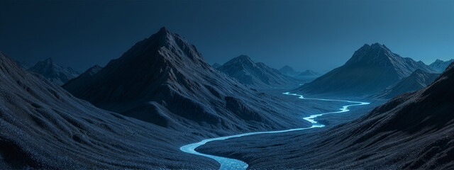 Glowing paths wind through dark, wavy mountains in a moody, hyperreal landscape of deep blues and blacks