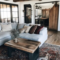 Eclectic living room featuring a blend of modern minimalism and rustic charm, with a statement vintage sofa, colorful throw rugs, and antique decor