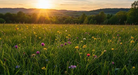 Obraz premium Sunset over a vibrant meadow