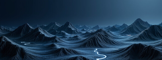 Glowing paths wind through dark, wavy mountains in a moody, hyperreal landscape of deep blues and blacks