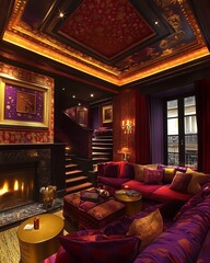 Eclectic living room with a fusion of vintage and contemporary styles, warm lighting, a variety of textures, and playful decor