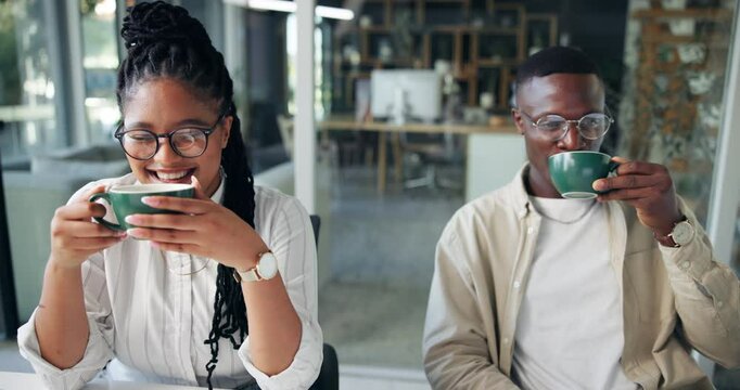 Business people, coffee toast and celebration in office for goals, achievement or success. Cheers, motivation and excited for sale, deal or teamwork with lead generation or crm partnership together