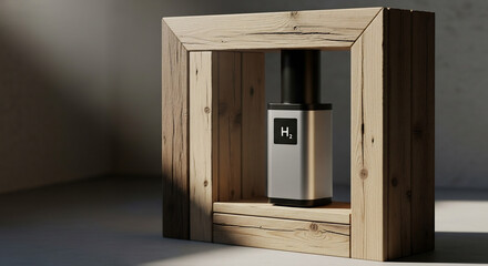 Hydrogen Energy Device: An abstract, modern representation of a hydrogen energy device presented within a minimalist, wooden frame, exuding sustainability and technological innovation.