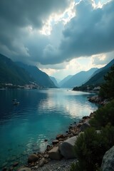 Fototapeta premium Dark clouds gather over the serene Makarska Riviera, casting a moody glow on the tranquil bay , color, horizon