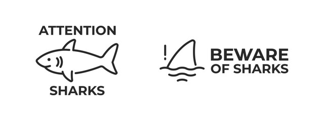Beware of sharks signs and danger warning symbols.
Vector alert icons for ocean hazard or safety themes