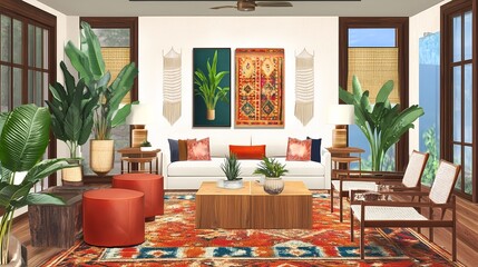 Eclectic living room with a mix of mid-century modern furniture and bohemian accents, vibrant textiles, warm wood tones, and plants