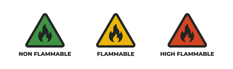 Flammable signs in triangle shape for different fire danger levels. Vector icons for warning and safety labels
