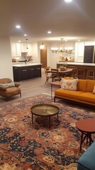 Eclectic living room with a mix of vintage mid-century furniture and modern minimalist elements, bold colors, and layered textures